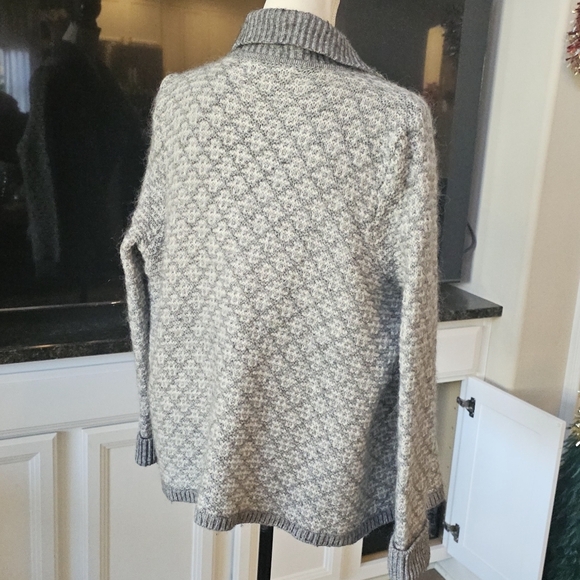 LOFT Geo Jacquard Grey White Wool Mohair Blend Open Cardigan L - Picture 10 of 13